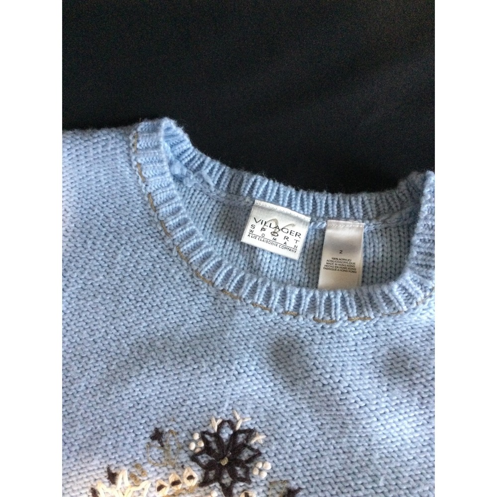 Villager Sport Embroidered Knit Sweater Blue Floral Accent Beads Womens - Picture 9 of 10